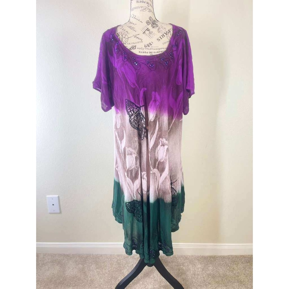 GreaterGood Womens Free Size Plus Boho Butterfly Ombre Beaded Sharkbite Dress